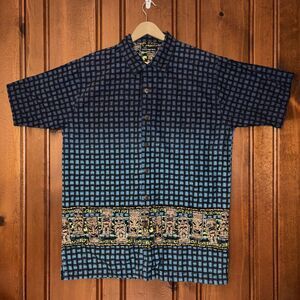 VTG 90s No Boundaries Hawaiian Shirt Mens Large‎ Blue Ombré Neon Aztec Tiki AOP